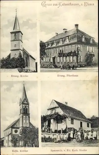 Ak Kutzenhausen Elsass Bas Rhin, Ev. Kirche, Pfarrhaus, Kath. Kirche, Spezereihandlung Kath. Studer
