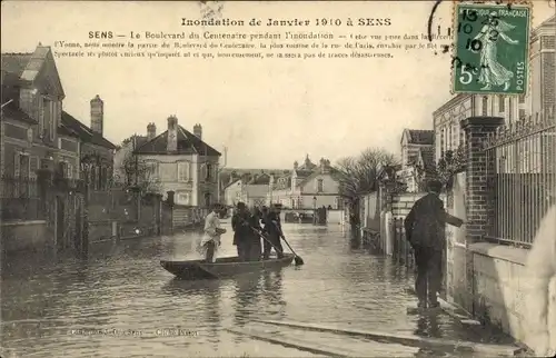 Ak Sens Yonne, Inondations de 1910, Le Boulevard du Centenaire