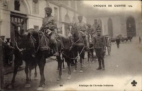 Ak Croquis de Guerre 1914, Attelage de l'Arme indienne