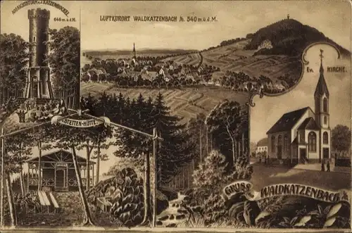 Ak Waldkatzenbach Waldbrunn im Odenwald, Evangelische Kirche, Aussichtsturm