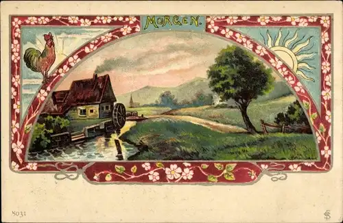 Litho Dorfidyll, Morgen, Hahn, Wassermühle, Sonnenschein