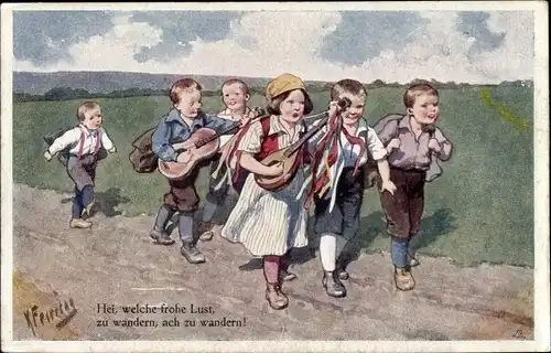 Künstler Ak Feiertag, K., Hei, welche frohe Lust, zu wandern, ach zu wandern, Kinder