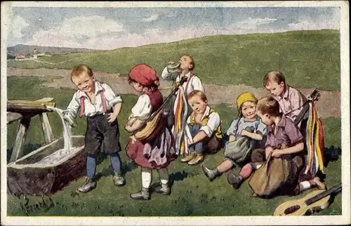 Künstler Ak Feiertag, K., Kinder, Rast, Zupfinstrumente