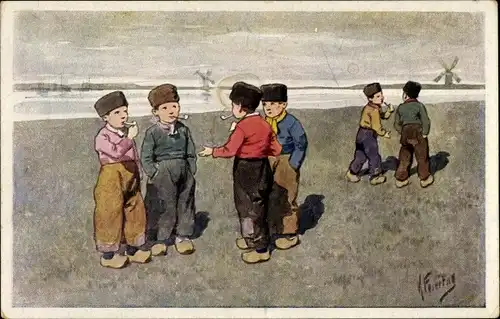 Künstler Ak Feiertag, K., Kinder in niederländischer Tracht, Rauchende Jungen, Pfeifen, Windmühle