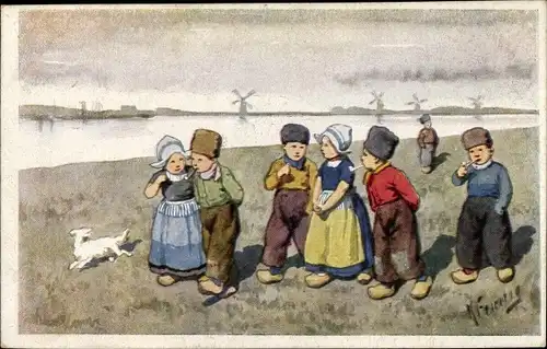 Künstler Ak Feiertag, K., Kinder in niederländischer Tracht, Rauchende Jungen, Pfeifen, Hund