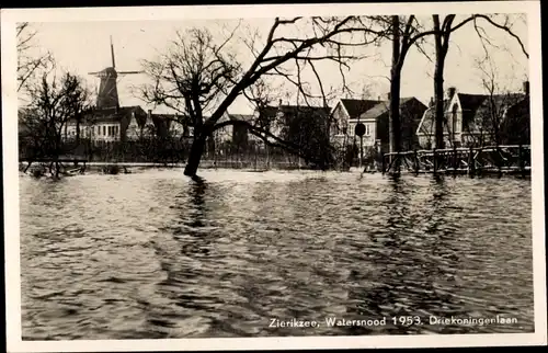 Ak Zierikzee Zeeland, Watersnood 1953, Driekoningenlaan, Molen