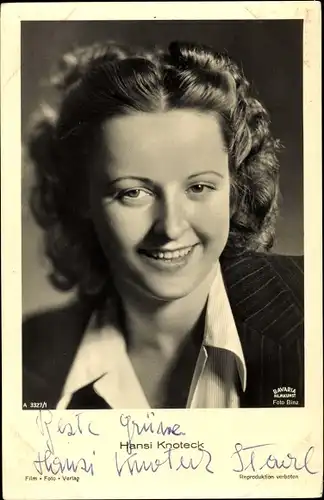 Ak Schauspielerin Hansi Knoteck, Portrait, Film Foto Verlag A 3327/1