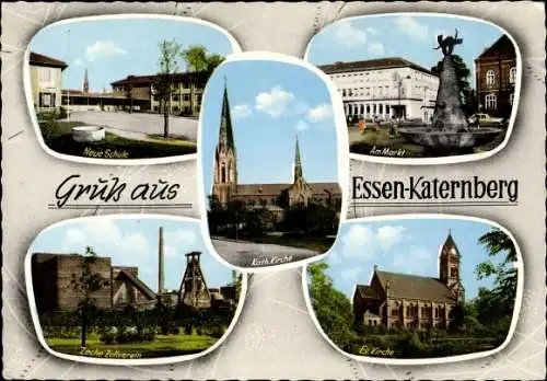 Ak Katernberg Essen im Ruhrgebiet, Kirchen, Neue Schule, Markt, Zeche Zollverein