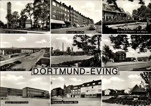 Ak Eving Dortmund, Zeche Minister Stern, Kirche, Marktplatz, Neue Herderschule, Kinderspielplatz