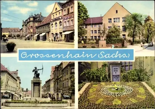 Ak Großenhain in Sachsen, Blumenuhr, Frauenmarkt, Dianabrunnen, VVN Gedenkstätte