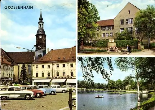 Ak Großenhain in Sachsen, Karl Marx Platz, VVN Gedenkstätte, neue Berufsschule, Gondelteich