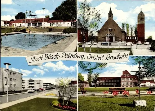 Ak Boscheln Übach Palenberg Nordrhein Westfalen, Freibad, Kirche, Straßenpartie, Park