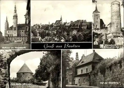 Ak Bautzen in der Oberlausitz, Rathaus, Hauptmarkt, Wasserkunst, Michaeliskirche, Waffenschmiede