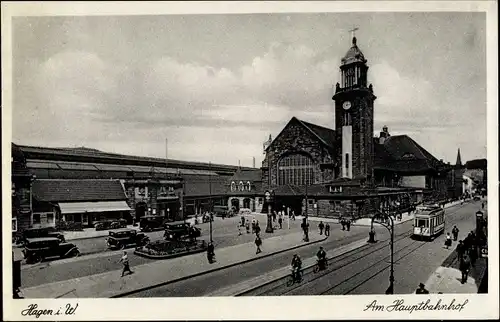 Ak Hagen in Westfalen, Am Hauptbahnhof, Straßenbahn