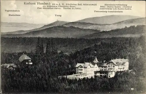 Ak Bühlertal im Schwarzwald, Kurhaus Hundseck, Panorama mit Yburg, Vogesenkamm, Rheinebene