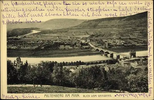 Ak Miltenberg am Main Unterfranken, Blick vom Grauberg, Brücke, Fluss