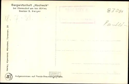 Ak Oberaudorf im Kreis Rosenheim Oberbayern, Bergwirtschaft Hocheck