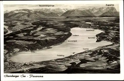 Ak Ambach am Starnberger See Münsing Oberbayern,  Panorama des Sees, Zugspitze, Karwendelgebirge