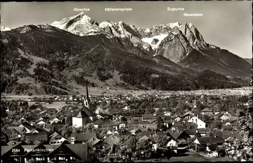 Ak Garmisch Partenkirchen in Oberbayern, Ortsansicht mit Zugspitzmassiv