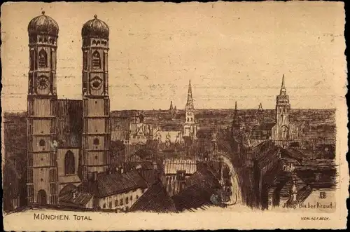 Künstler Ak München Bayern, Totalansicht mit Frauenkirche