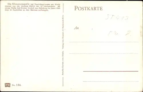Künstler Ak Astudin, N., Trechtingshausen Rhein, Die Klemenskapelle