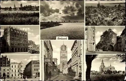 Ak Stralsund in Vorpommern, Ortsansicht, Kirche, Tor, Straßenpartien, Platz
