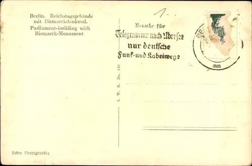 Ak Berlin Tiergarten, Reichstagsgebäude mit Bismarckdenkmal