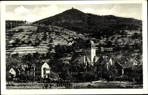 Ak Zwingenberg an der Bergstraße, Kirchturm, Felder, Häuser