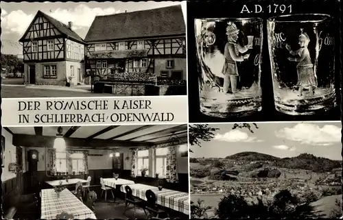 Ak Schlierbach Lindenfels im Odenwald, Gasthaus Zum Römischen Kaiser, Gläser, Ortsansicht