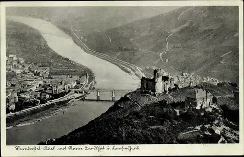 Ak Bernkastel Kues an der Mosel, Ruine Landshut, Blick auf den Ort, Brücke