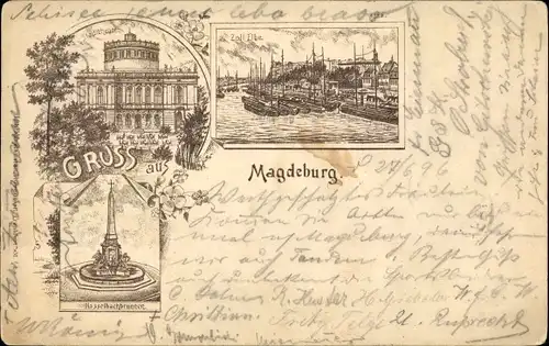 Litho Magdeburg an der Elbe, Stadttheater, Zollelbe, Hasselbachbrunnen
