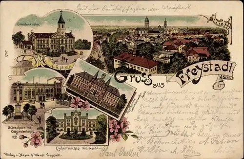 Litho Kożuchów Freystadt Niederschlesien, Dyhernsches Krankenhaus, Gnadenkirche, Ständehaus
