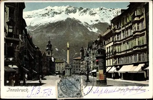 Ak Innsbruck in Tirol, Maria Theresienstraße, Annasäule, Geschäfte, Litfaßsäule