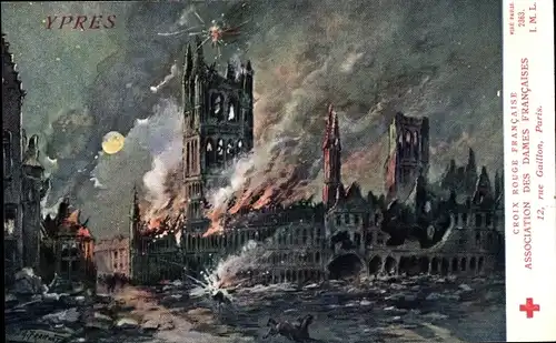Künstler Ak Ypres Westflandern, Zerschossenes Rathaus, Kriegszerstörungen, I. WK