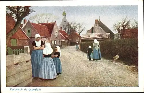 Ak Zeeuwsch dorpsgezicht, Frauen in Tracht