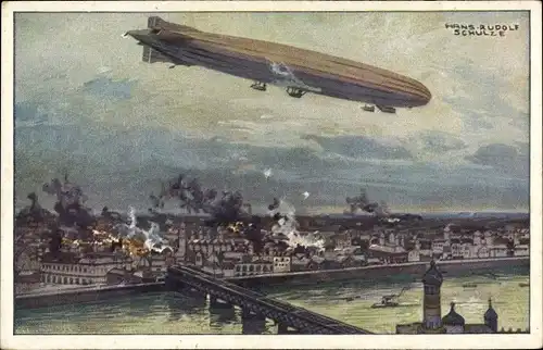 Künstler Ak Schulze, Hans Rudolf, Zeppelin, Luftschiff Schütte Lanz, Warschau bombardierend, I. WK
