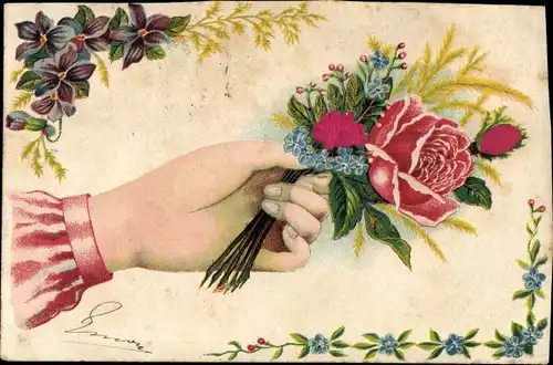 Stoff Präge Ak Glückwunsch, Hand mit Blumenstrauß