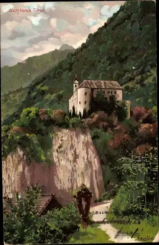 Künstler Litho Mailick, Dorf Tirol Tirolo Südtirol, Blick auf das Schloss, Weg, Wald