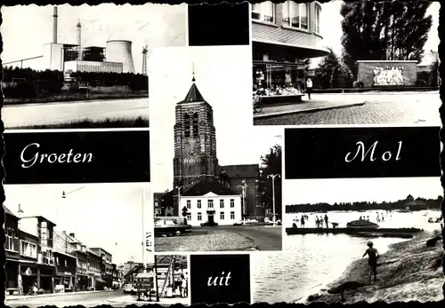 Ak Mol Antwerpen Flandern, Straßenpartie, Kirche, Kraftwerk, Strand