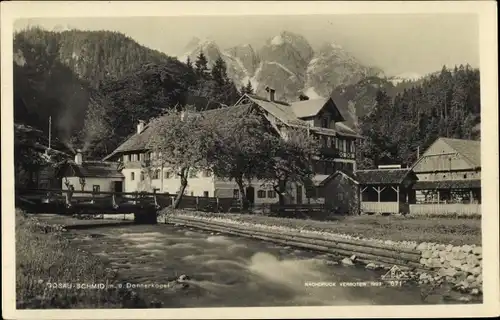 Ak Gosau in Oberösterreich, Pension Gosauschmied, Flusspartie, Donnerkogel