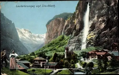 Ak Lauterbrunnen Kanton Bern, Teilansicht und Staubbach