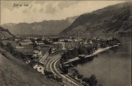 Ak Zell am See in Salzburg, Gesamtansicht, Eisenbahnstrecke