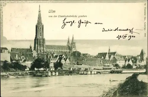 Ak Ulm an der Donau, Blick auf den Ort von der Eisenbahnbrücke aus