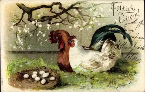 Präge Litho Glückwunsch Ostern, Hahn und Huhn neben einem Gelege, Eier