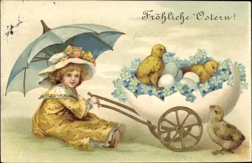 Präge Ak Glückwunsch Ostern, Ostereier, Schubkarre, Küken, Vergissmeinnicht, Mädchen mit Schirm