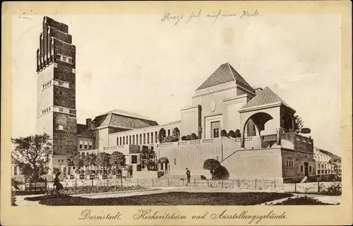 Ak Darmstadt in Hessen, Hochzeitsturm und Ausstellungsgebäude, Jugendstil