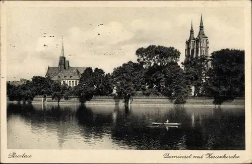 Ak Wrocław Breslau Schlesien, Dominsel mit Kreuzkirche, Ruderboot