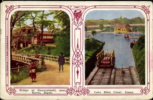 Ak Kyoto Präfektur Kyoto Japan, Bridge at Kanuyabashi, Lake Biwa Canal, Fähre