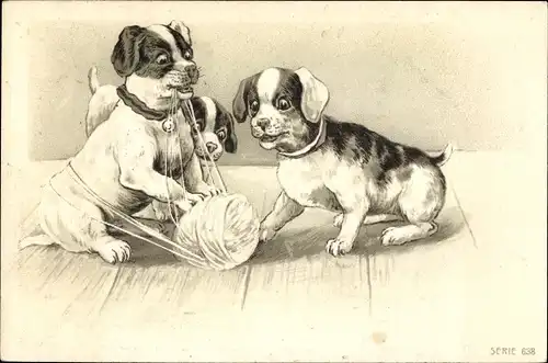 Präge Litho Hundewelpen spielen mit einem Wollgarn