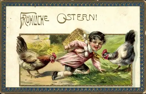 Präge Ak Glückwunsch Ostern, Zwei Hennen rupfen an einem Kind, Kiepe voller Eier